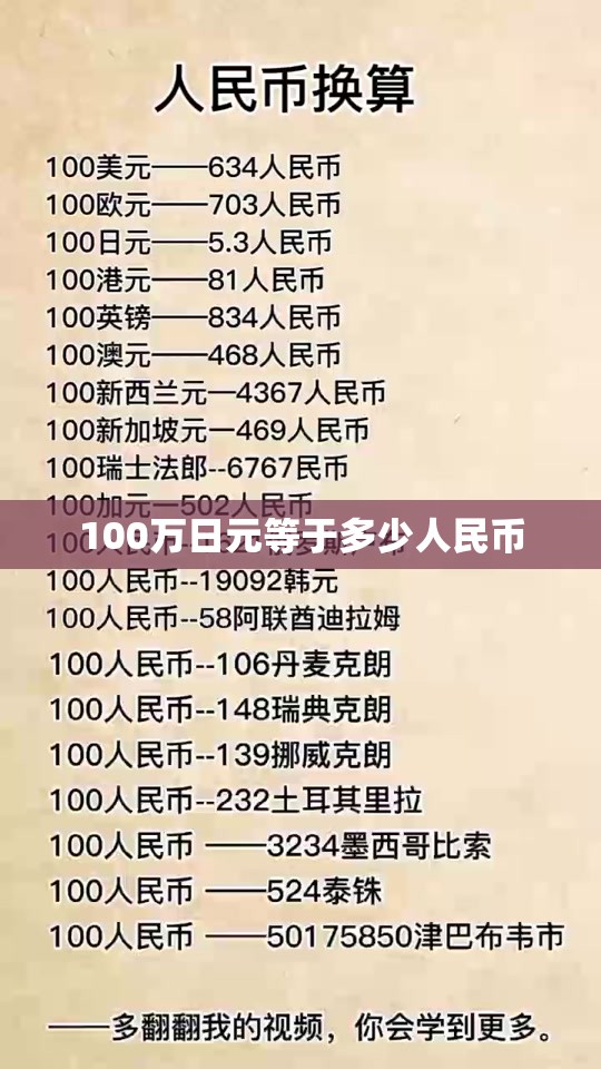 100万日元等于多少人民币